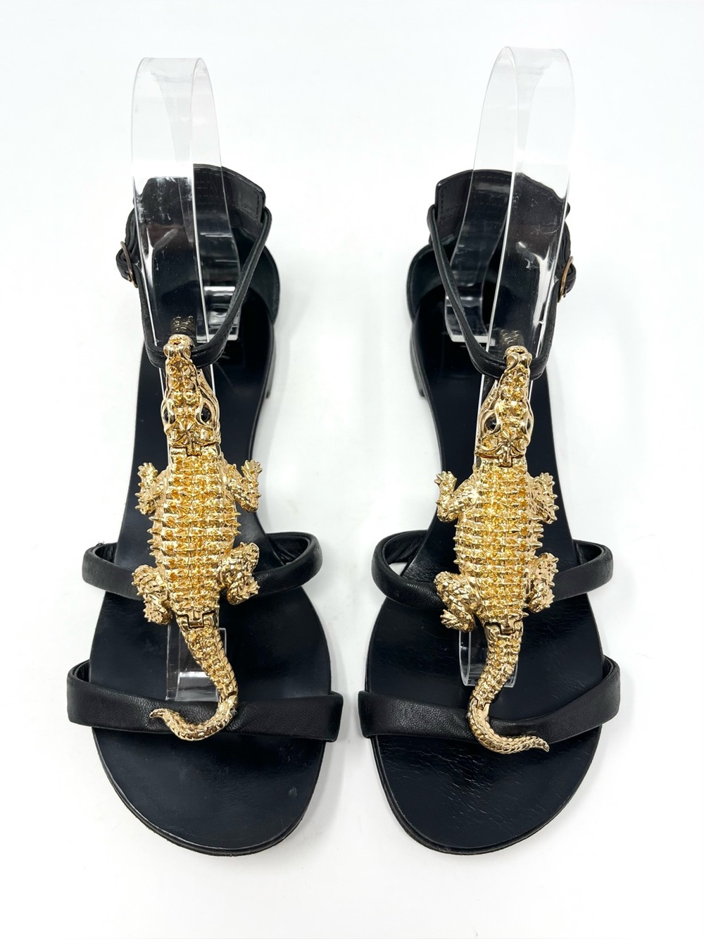 Giuseppe Zanotti Black Leather Gold Alligator Embellished Flat Sandals Flats 36